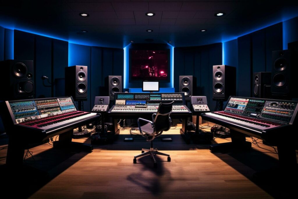 ai-generated-a-professional-music-studio-with-a-large-mixing-console-computer-monitors-and-studio-monitors-free-photo