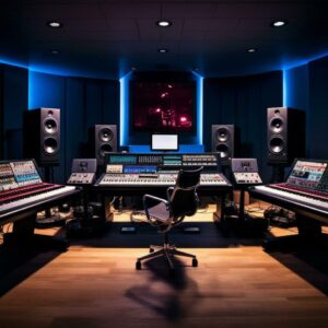 ai-generated-a-professional-music-studio-with-a-large-mixing-console-computer-monitors-and-studio-monitors-free-photo